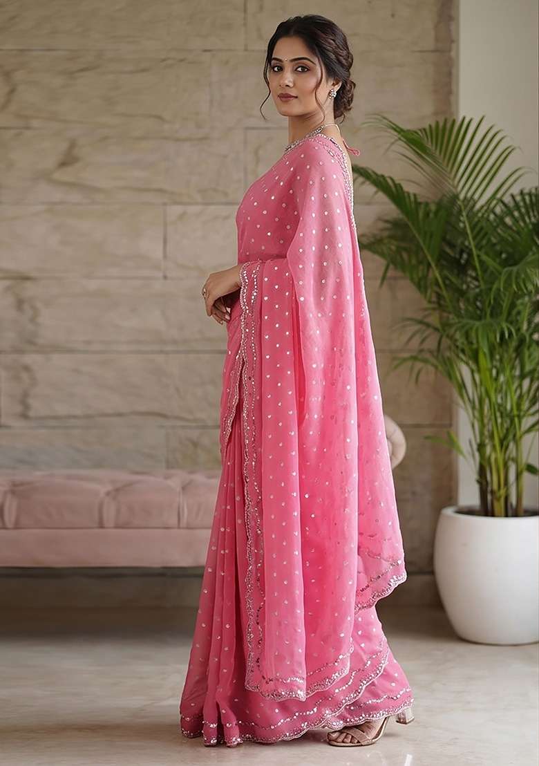 Pink Butta Work Silk Saree Set - Indya