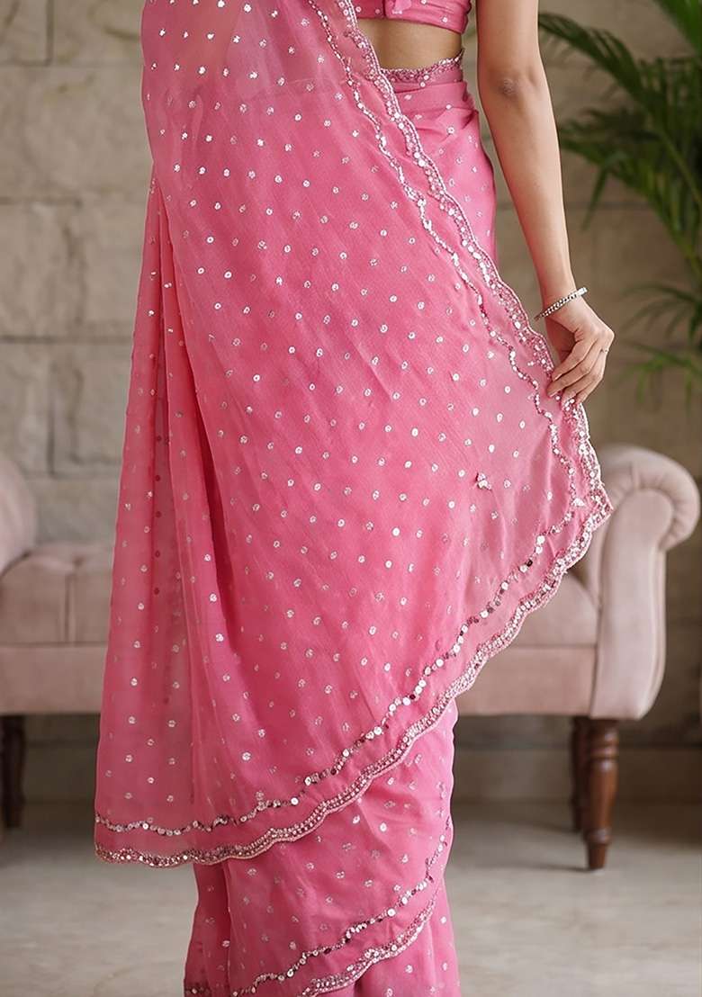 Pink Butta Work Silk Saree Set - Indya