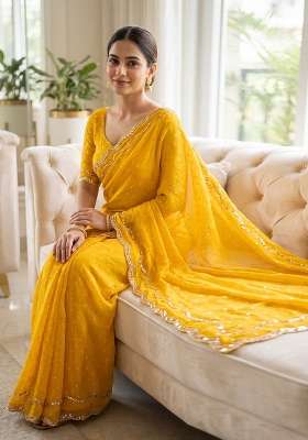 Yellow Butta Work Silk Saree Set