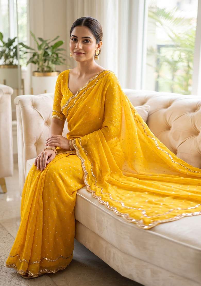 Yellow Butta Work Silk Saree Set - Indya