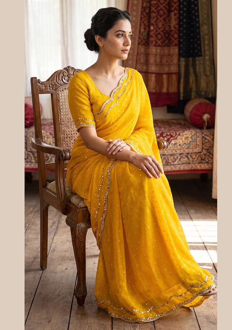 Yellow Butta Work Silk Saree Set - Indya