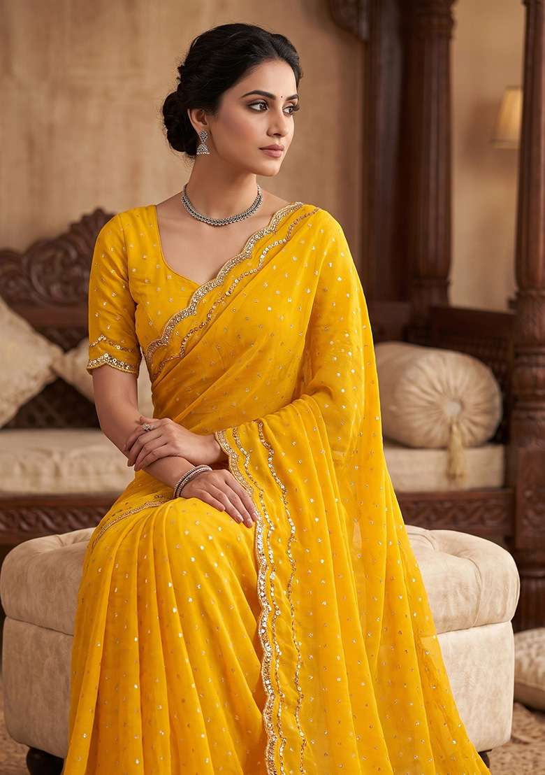 Yellow Butta Work Silk Saree Set - Indya