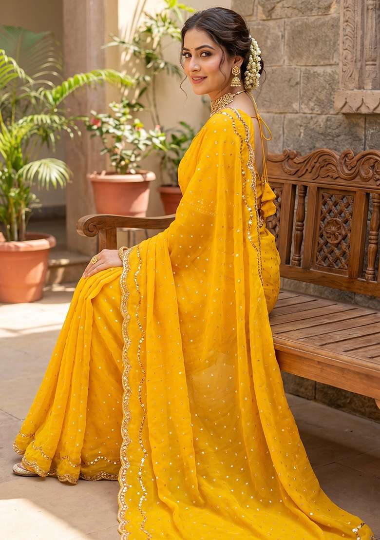 Yellow Butta Work Silk Saree Set - Indya