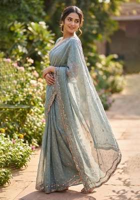 Grey Butta Work Silk Saree Set