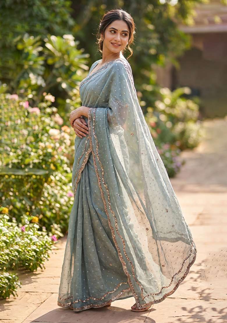 Grey Butta Work Silk Saree Set - Indya