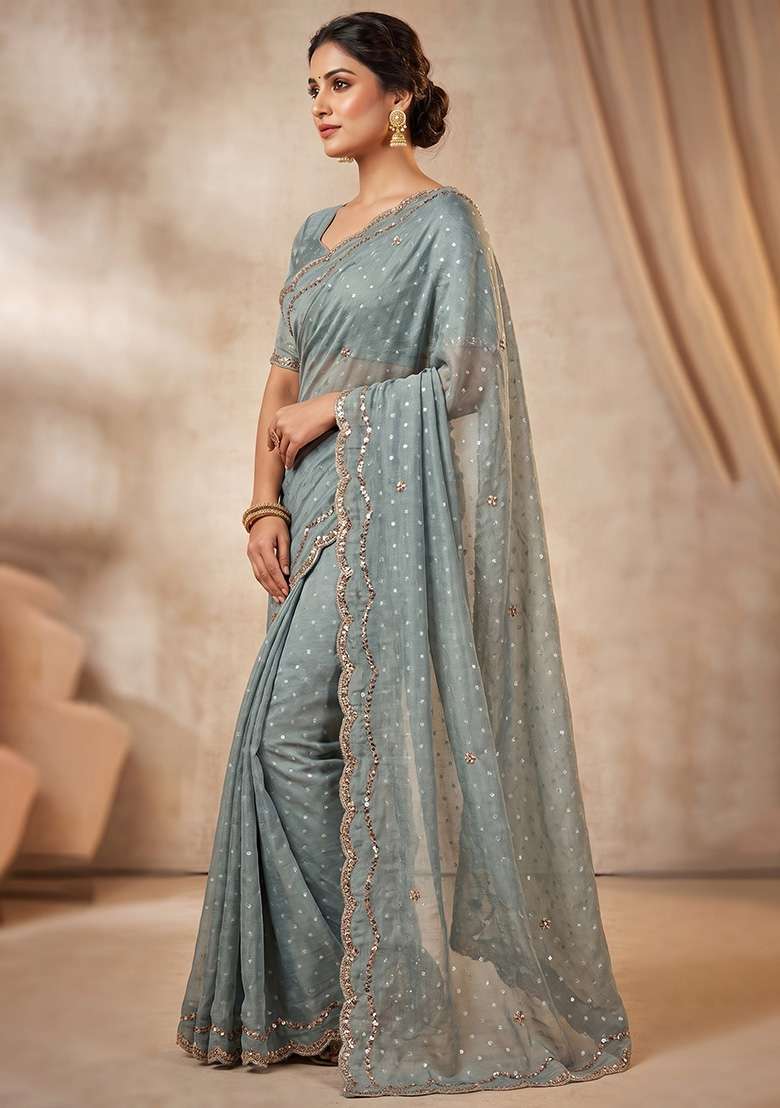 Grey Butta Work Silk Saree Set - Indya