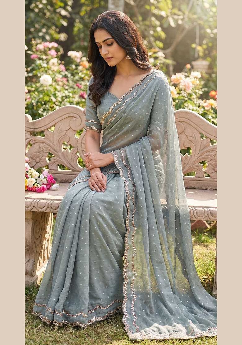 Grey Butta Work Silk Saree Set - Indya