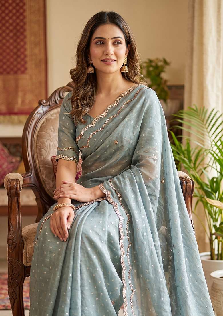 Grey Butta Work Silk Saree Set - Indya