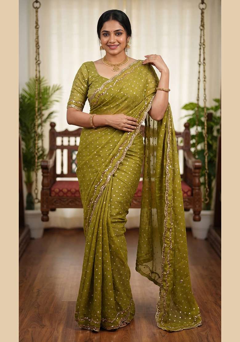 Olive Green Butta Work Silk Saree Set - Indya