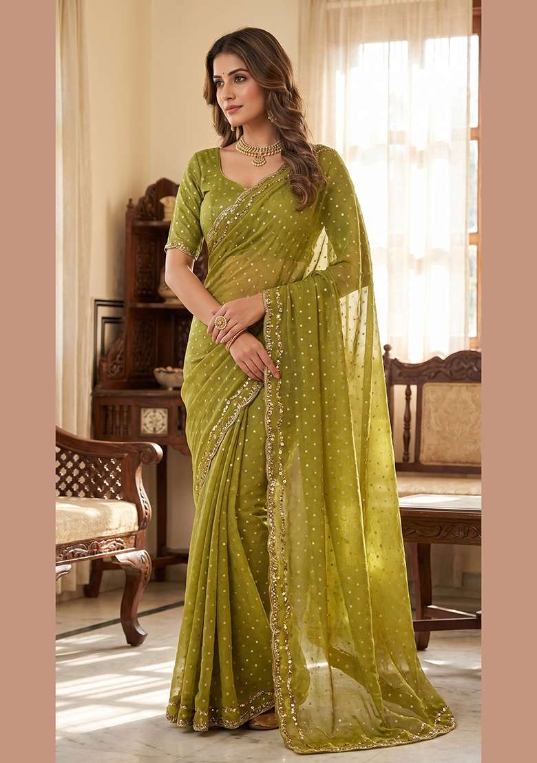 Olive Green Butta Work Silk Saree Set - Indya