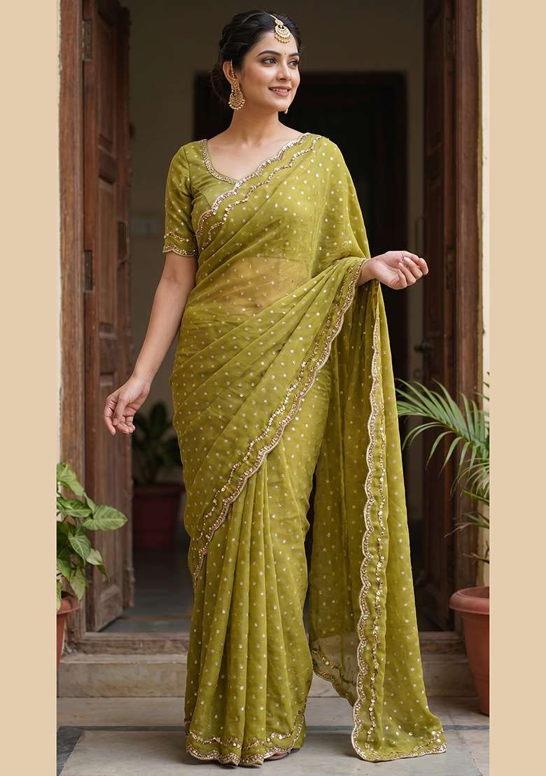 Olive Green Butta Work Silk Saree Set - Indya