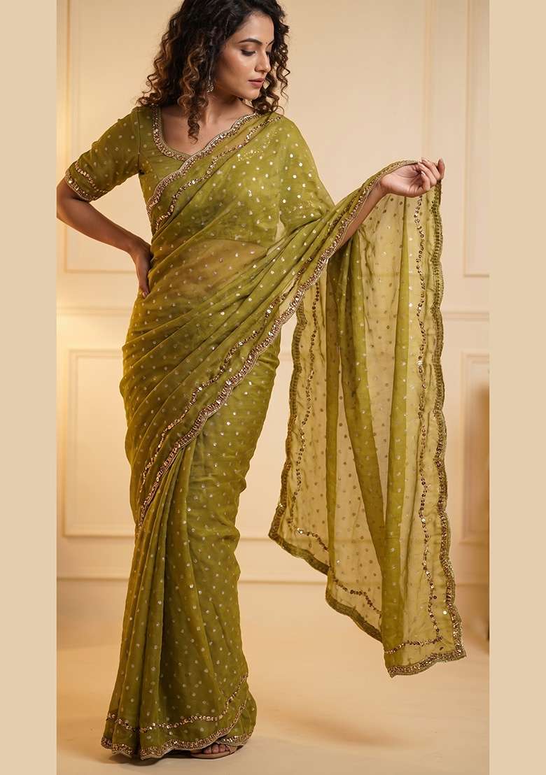 Olive Green Butta Work Silk Saree Set - Indya