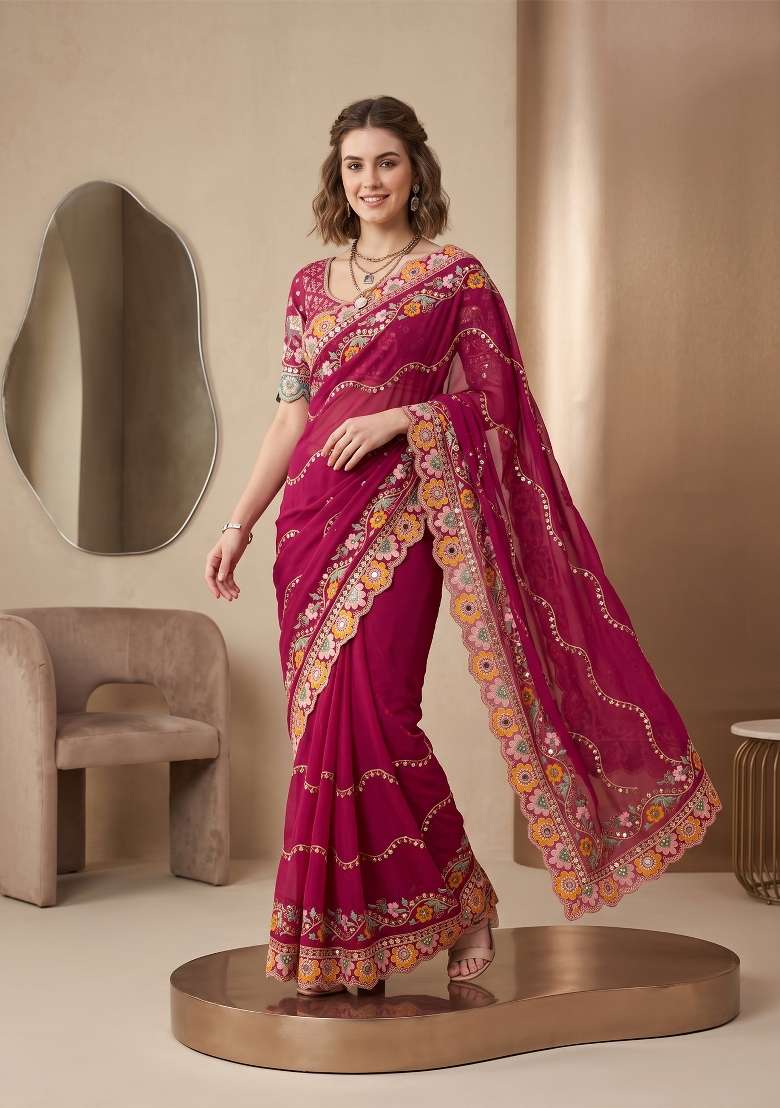 Rani Pink Weave Rangoli Saree Set - Indya
