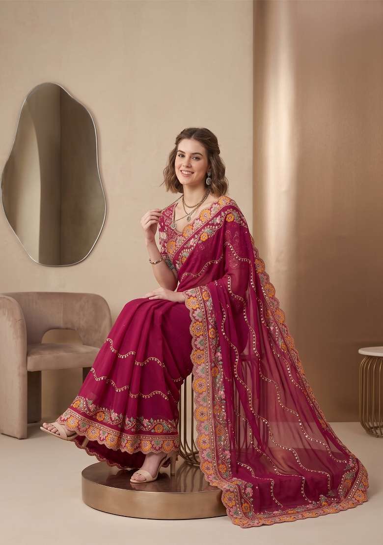 Rani Pink Weave Rangoli Saree Set - Indya