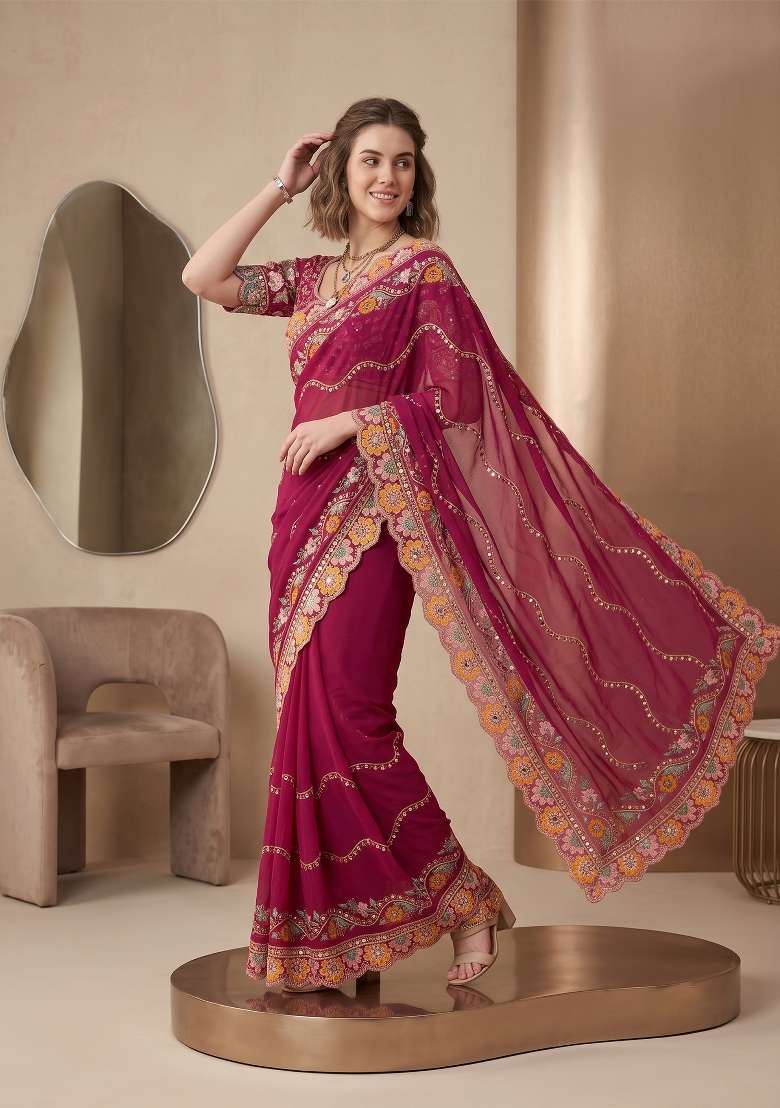 Rani Pink Weave Rangoli Saree Set - Indya