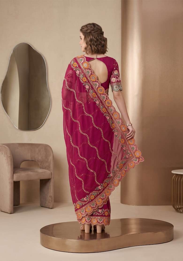 Rani Pink Weave Rangoli Saree Set - Indya