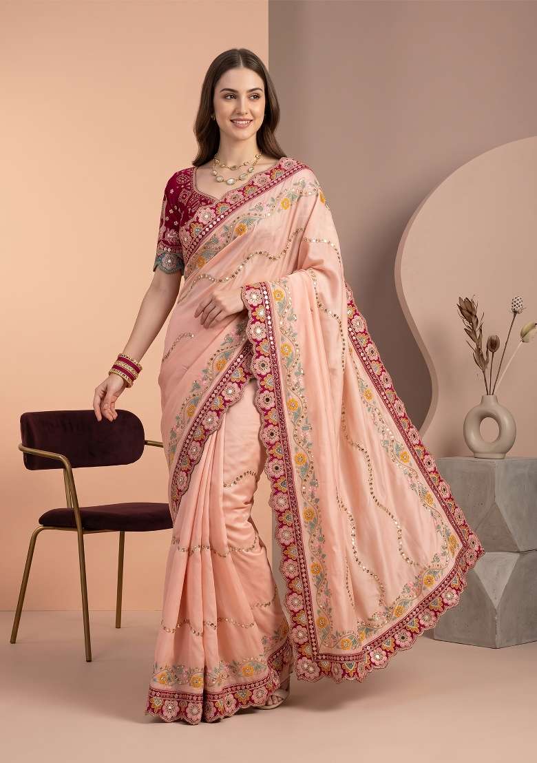 Peach Weave Rangoli Saree Set - Indya