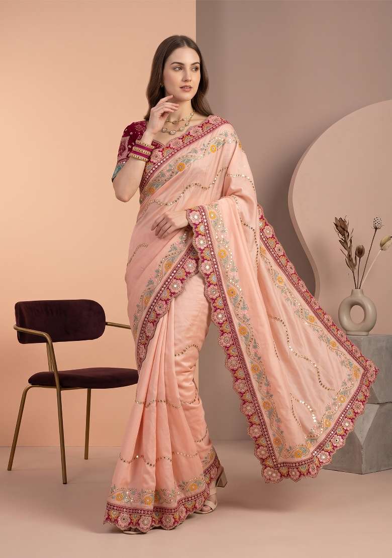 Peach Weave Rangoli Saree Set - Indya
