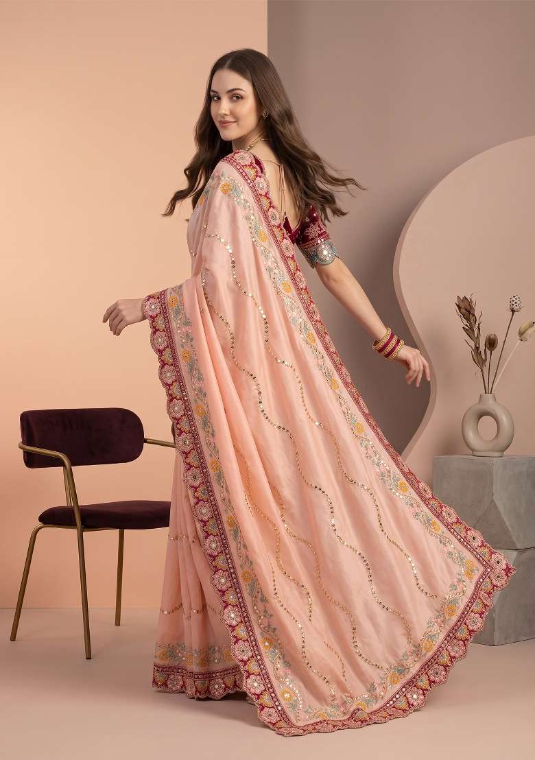 Peach Weave Rangoli Saree Set - Indya
