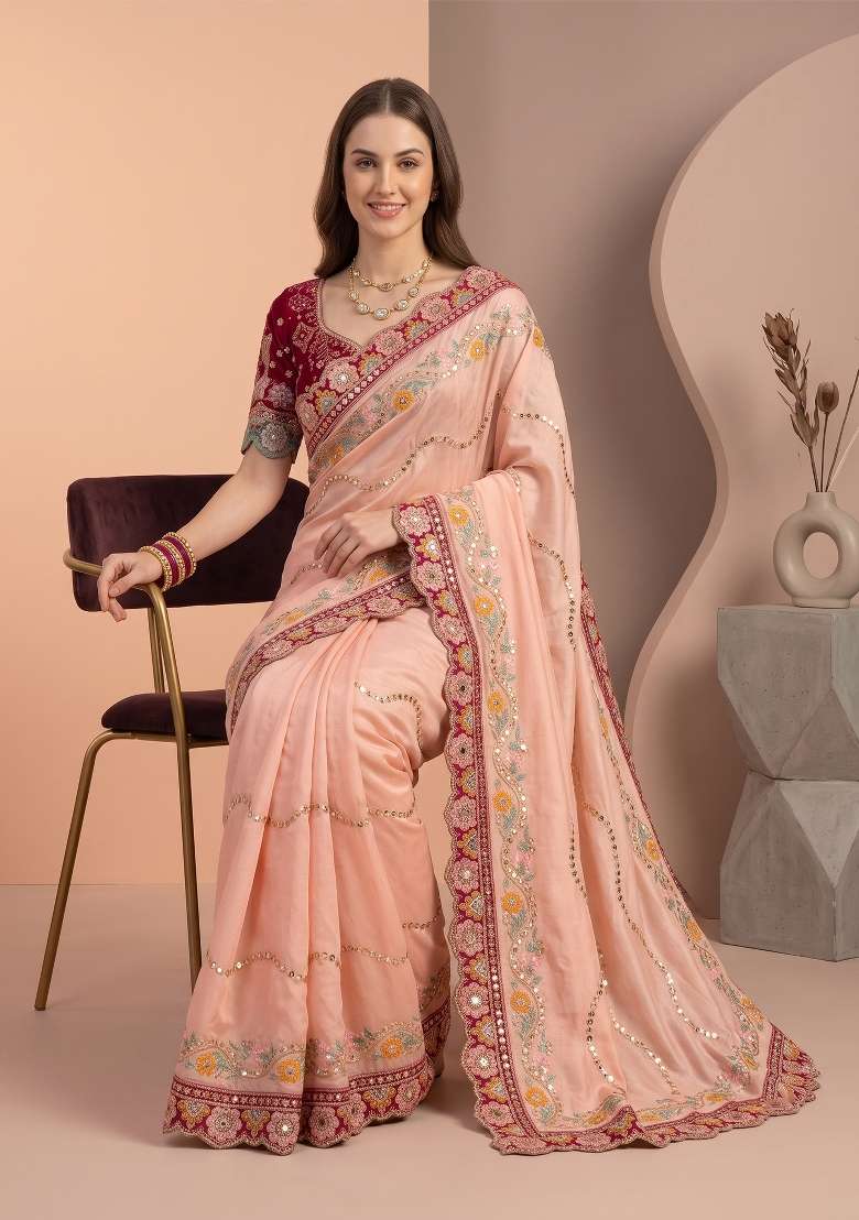 Peach Weave Rangoli Saree Set - Indya