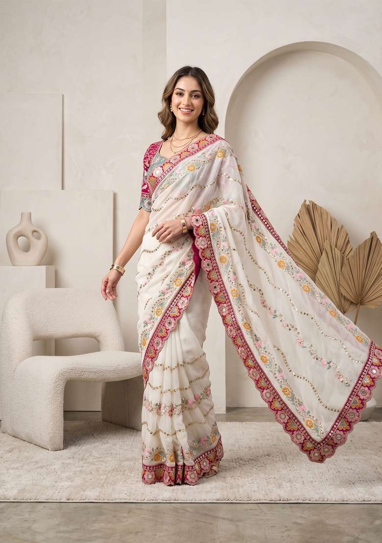 Cream Weave Rangoli Saree Set - Indya