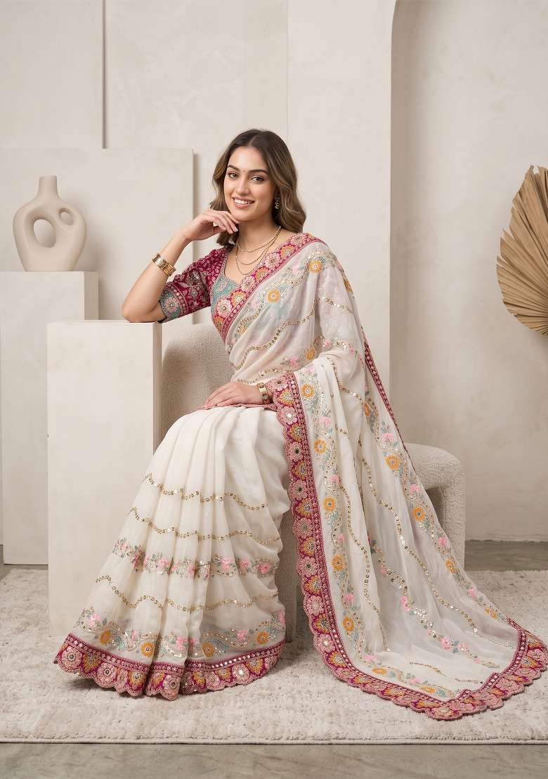 Cream Weave Rangoli Saree Set - Indya