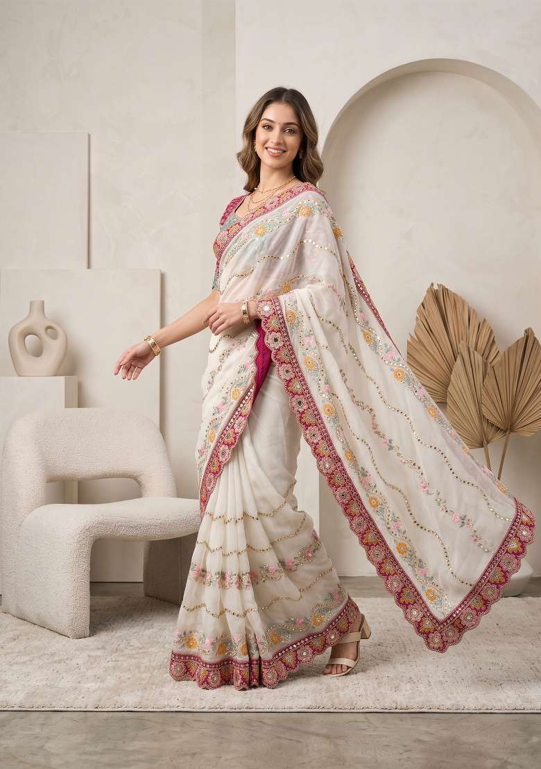 Cream Weave Rangoli Saree Set - Indya
