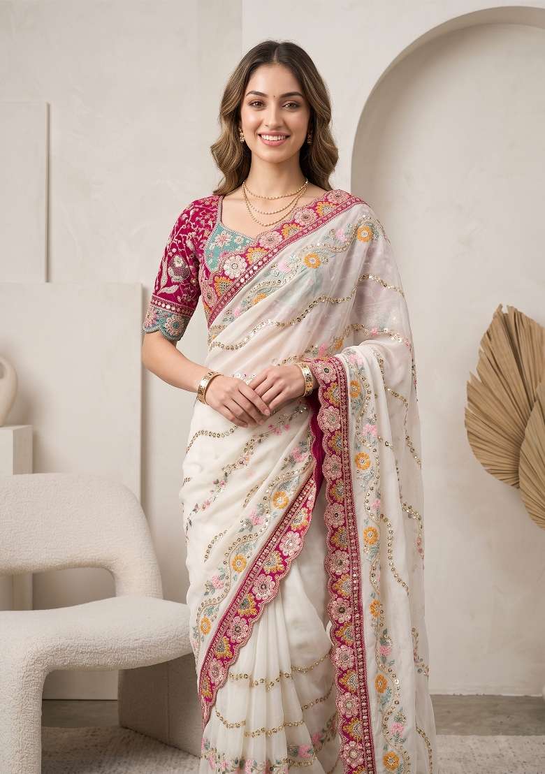 Cream Weave Rangoli Saree Set - Indya