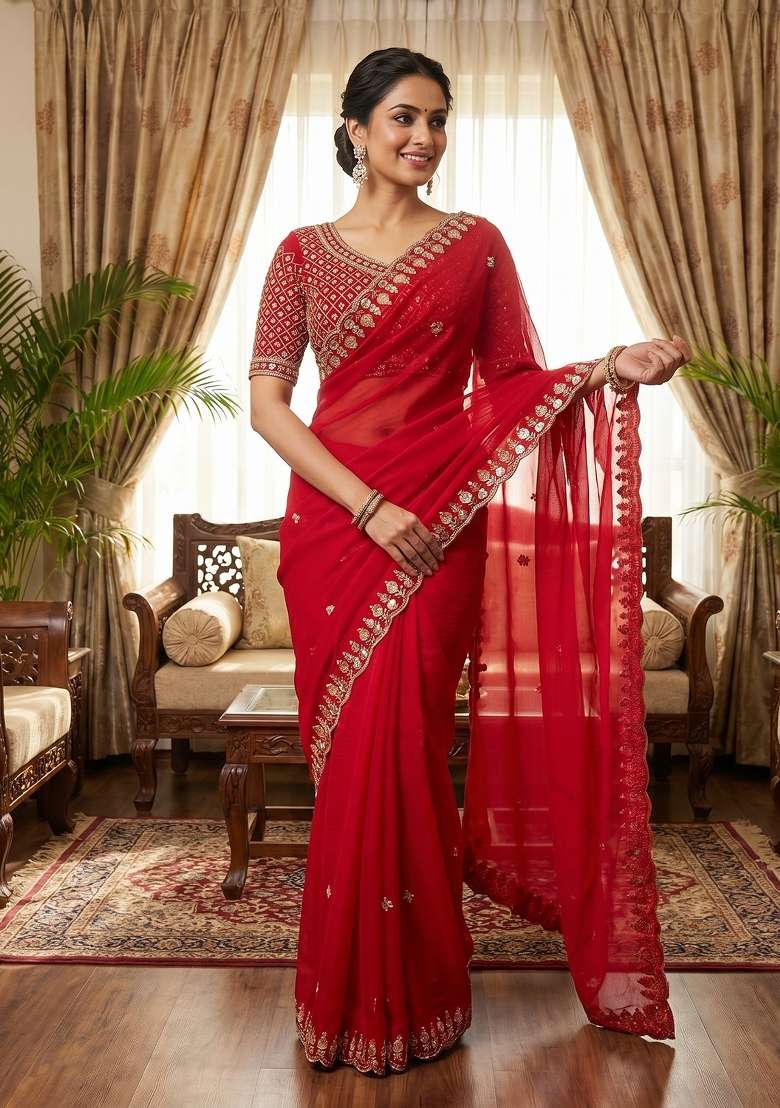 Red Butta Work Silk Saree Set - Indya