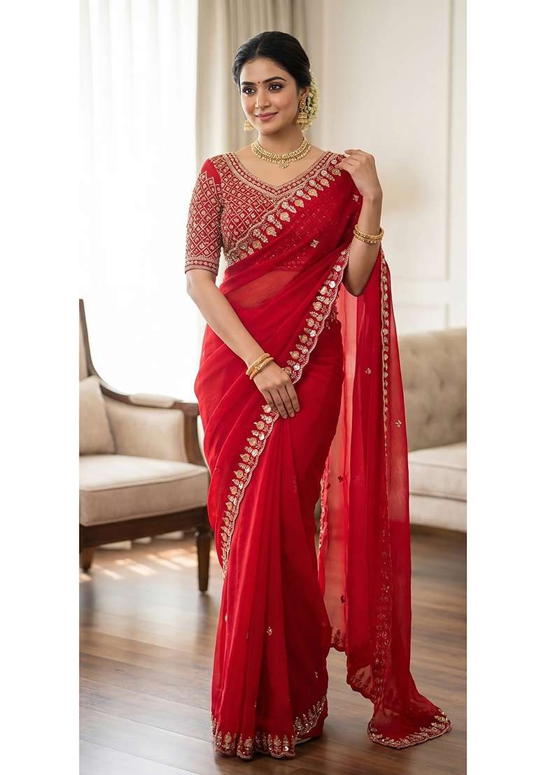 Red Butta Work Silk Saree Set - Indya