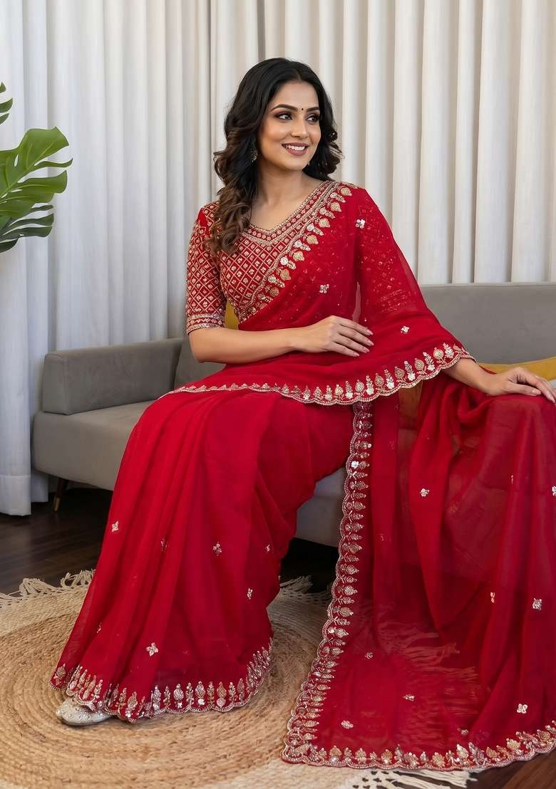 Red Butta Work Silk Saree Set - Indya