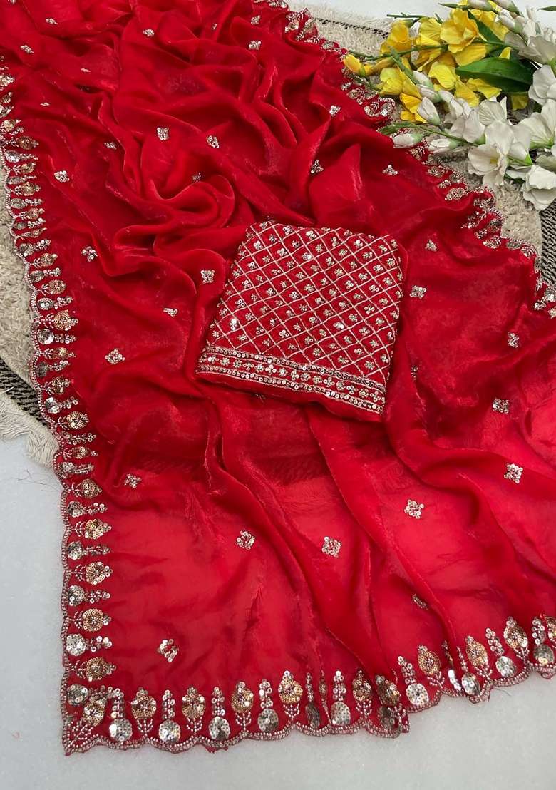 Red Butta Work Silk Saree Set - Indya
