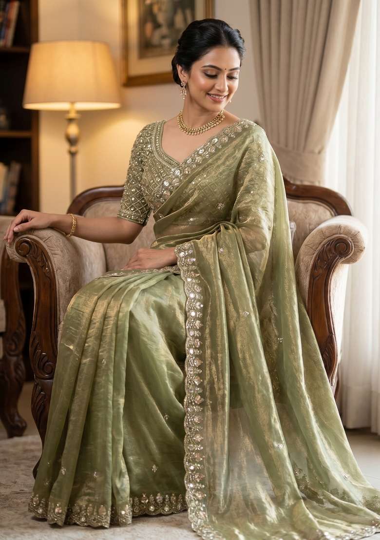 Green Butta Work Silk Saree Set - Indya