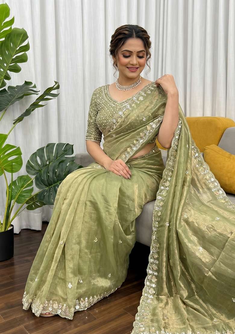 Green Butta Work Silk Saree Set - Indya