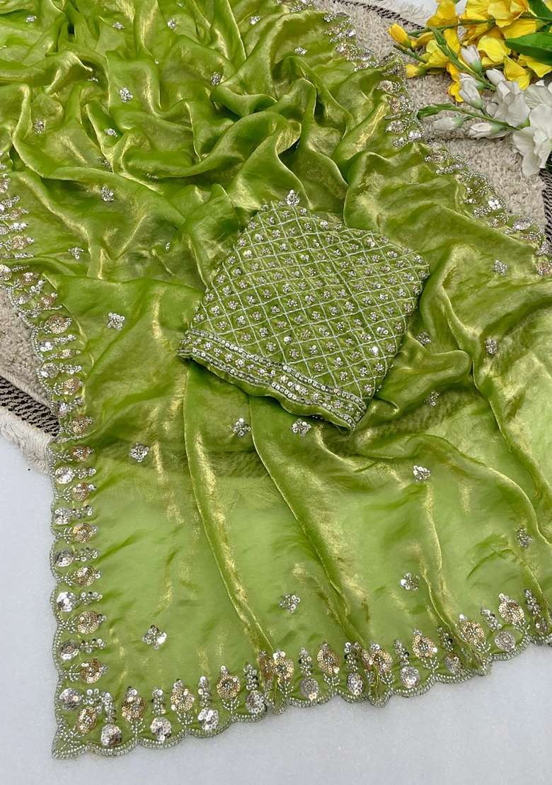 Green Butta Work Silk Saree Set - Indya