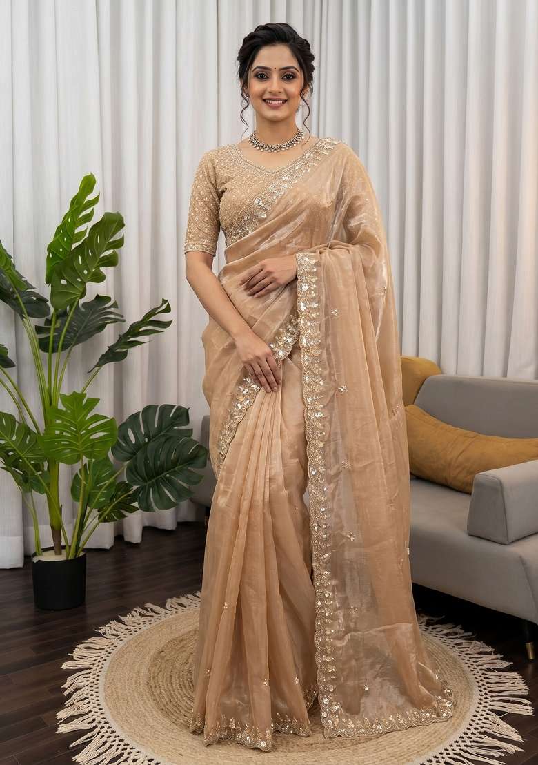 Beige Butta Work Silk Saree Set - Indya