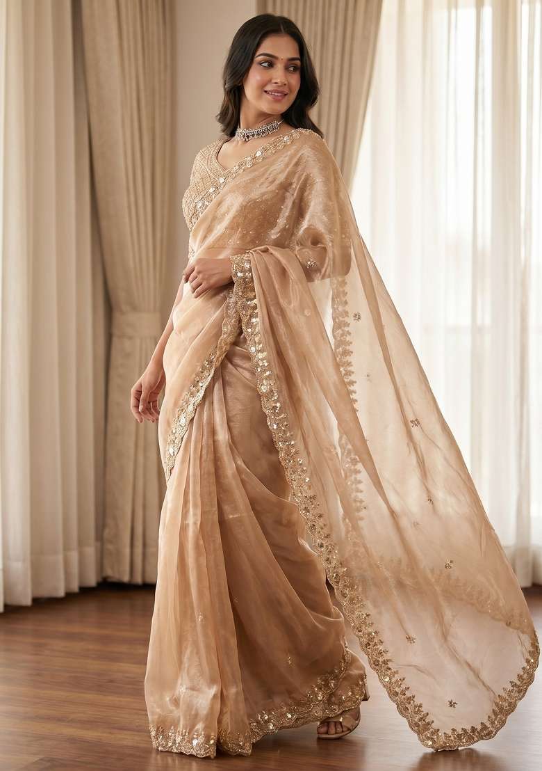 Beige Butta Work Silk Saree Set - Indya