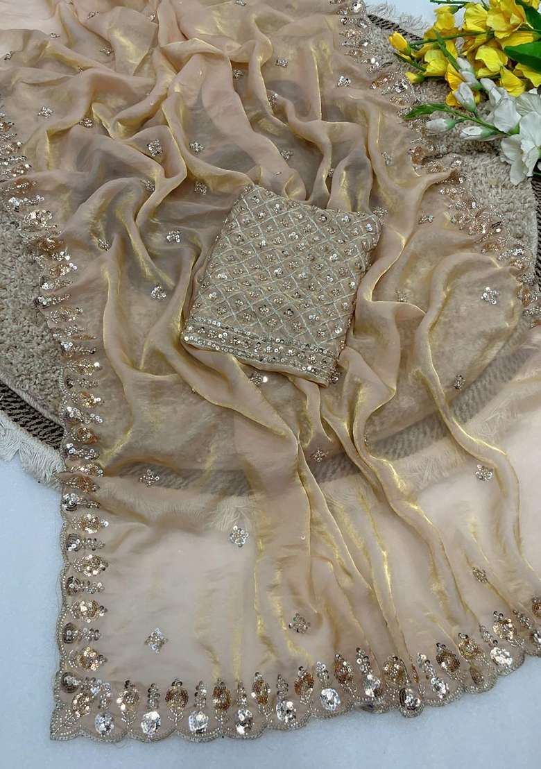 Beige Butta Work Silk Saree Set - Indya