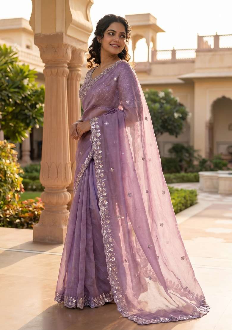 Light Lavender Butta Work Silk Saree Set - Indya