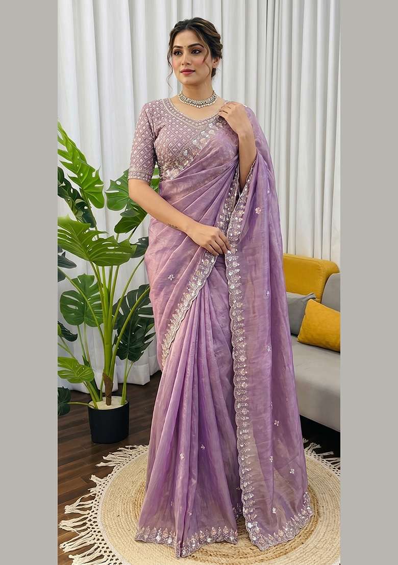 Light Lavender Butta Work Silk Saree Set - Indya