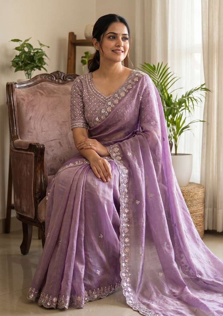 Light Lavender Butta Work Silk Saree Set - Indya