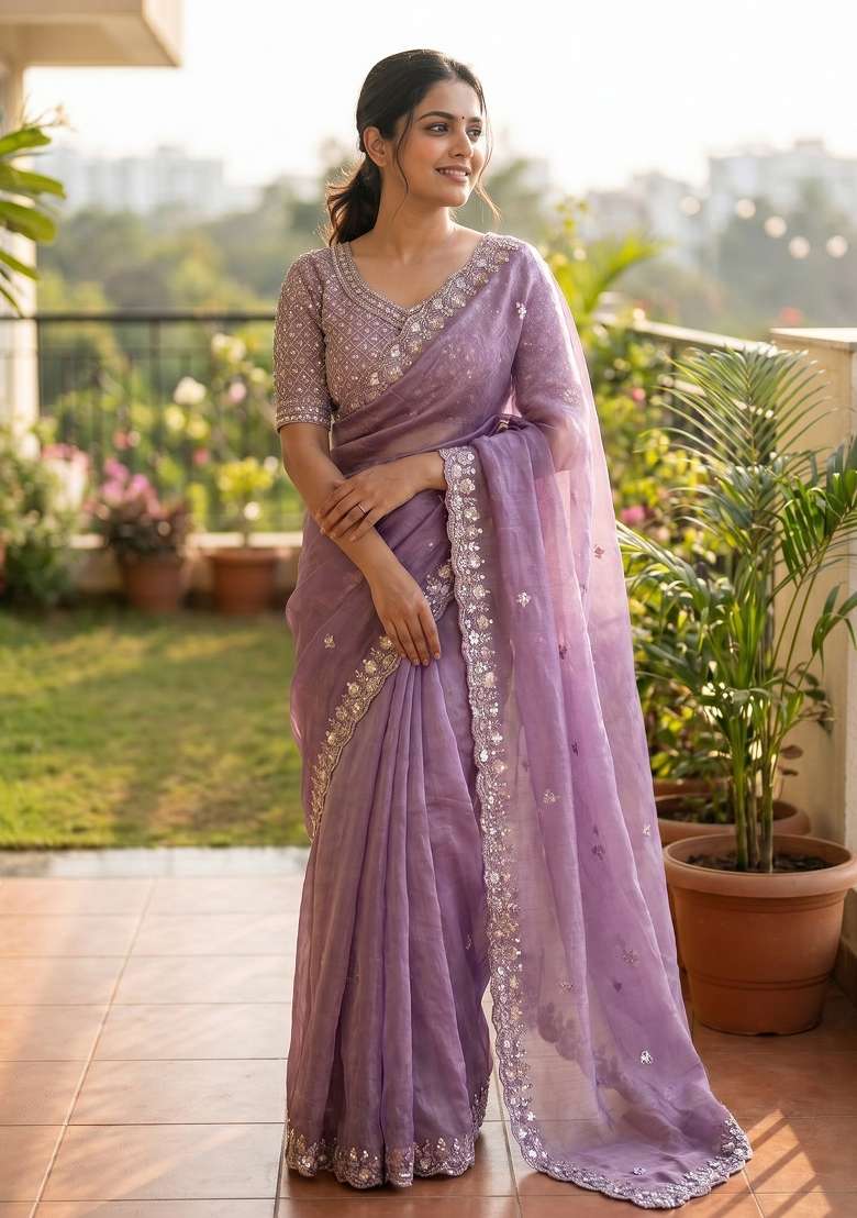Light Lavender Butta Work Silk Saree Set - Indya
