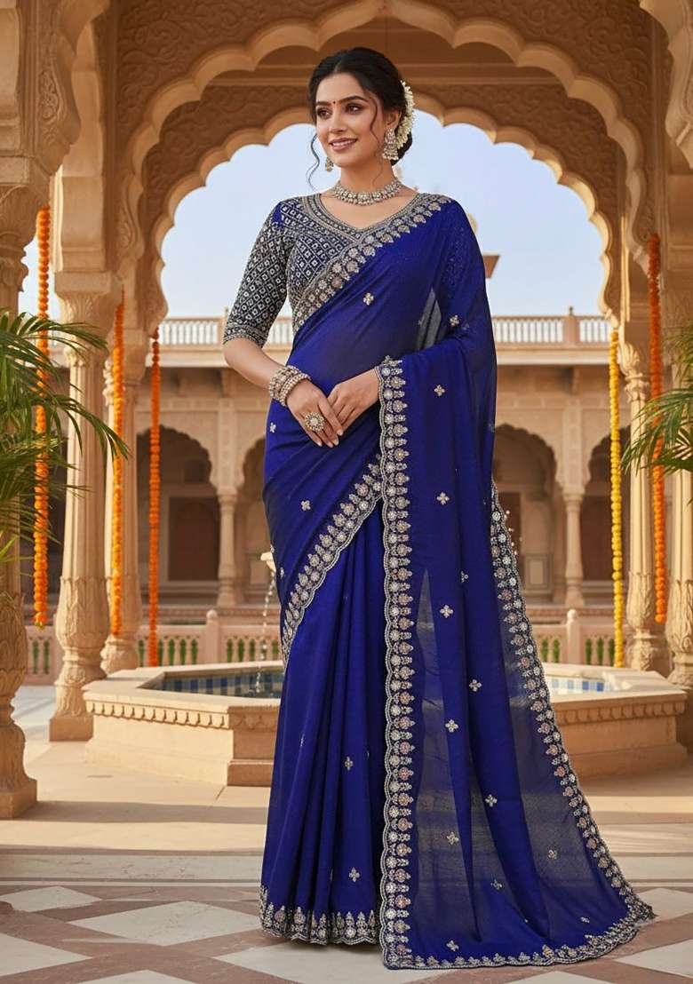 Royal Blue Butta Work Silk Saree Set - Indya