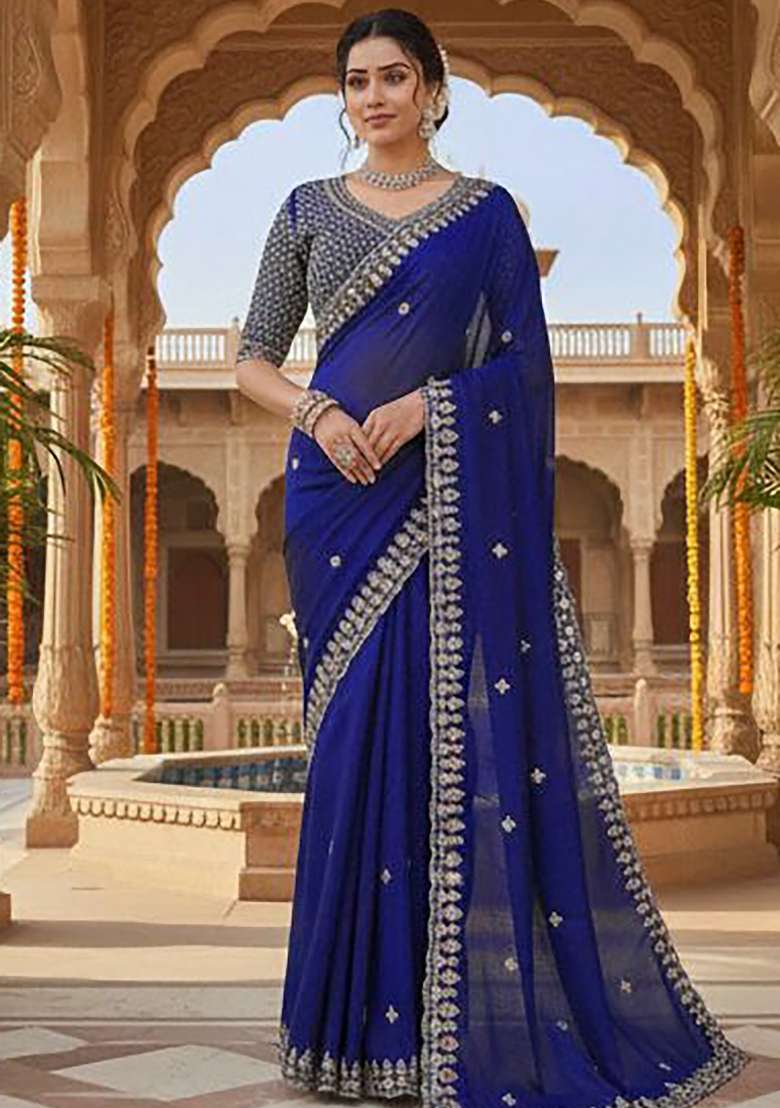 Royal Blue Butta Work Silk Saree Set - Indya
