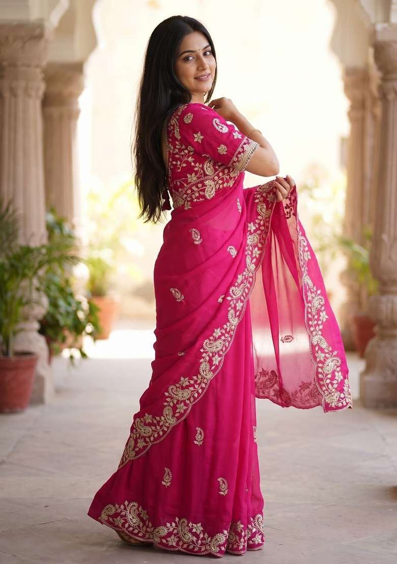 Rani Pink Sequin Work Satin Saree Set - Indya