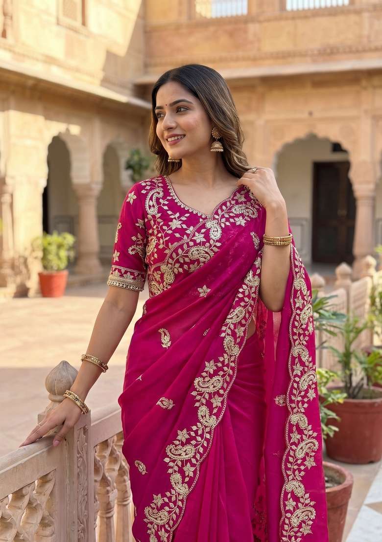 Rani Pink Sequin Work Satin Saree Set - Indya