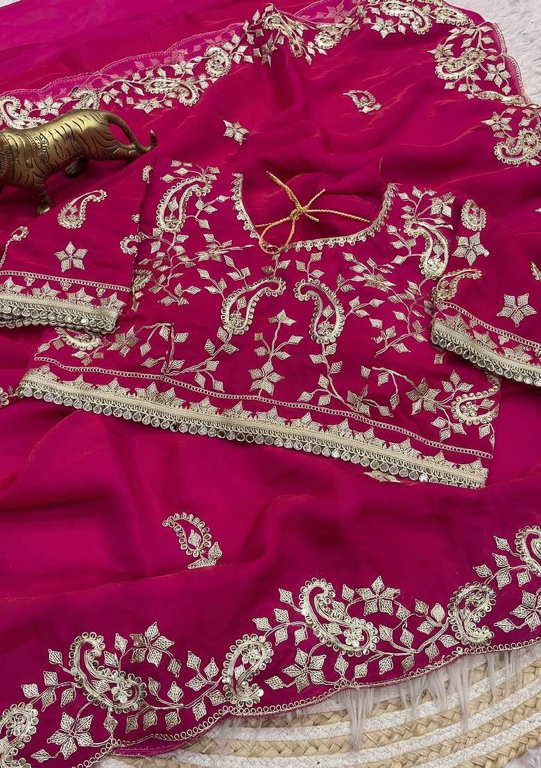 Rani Pink Sequin Work Satin Saree Set - Indya