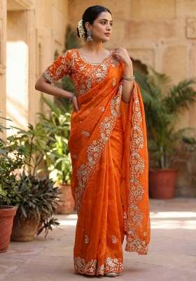 Orange Sequin Work Satin Saree Set