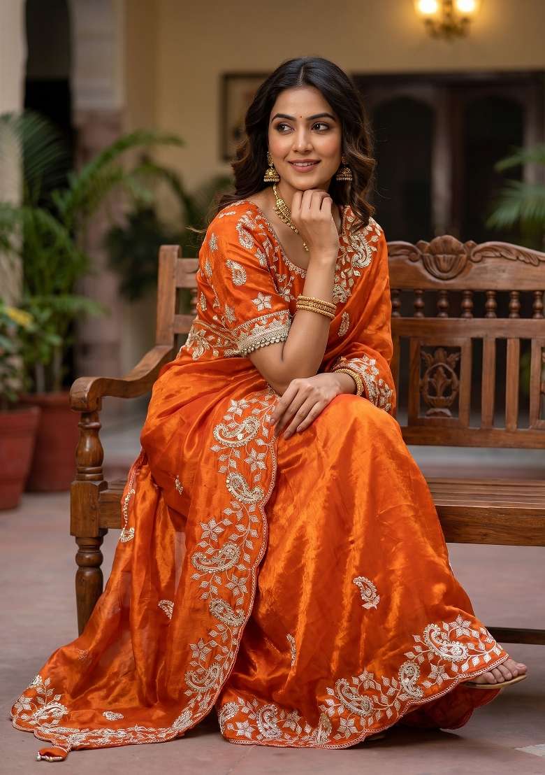 Orange Sequin Work Satin Saree Set - Indya