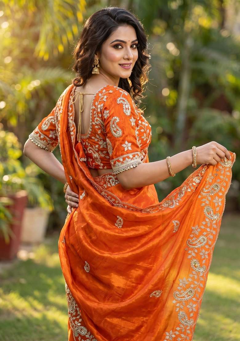 Orange Sequin Work Satin Saree Set - Indya
